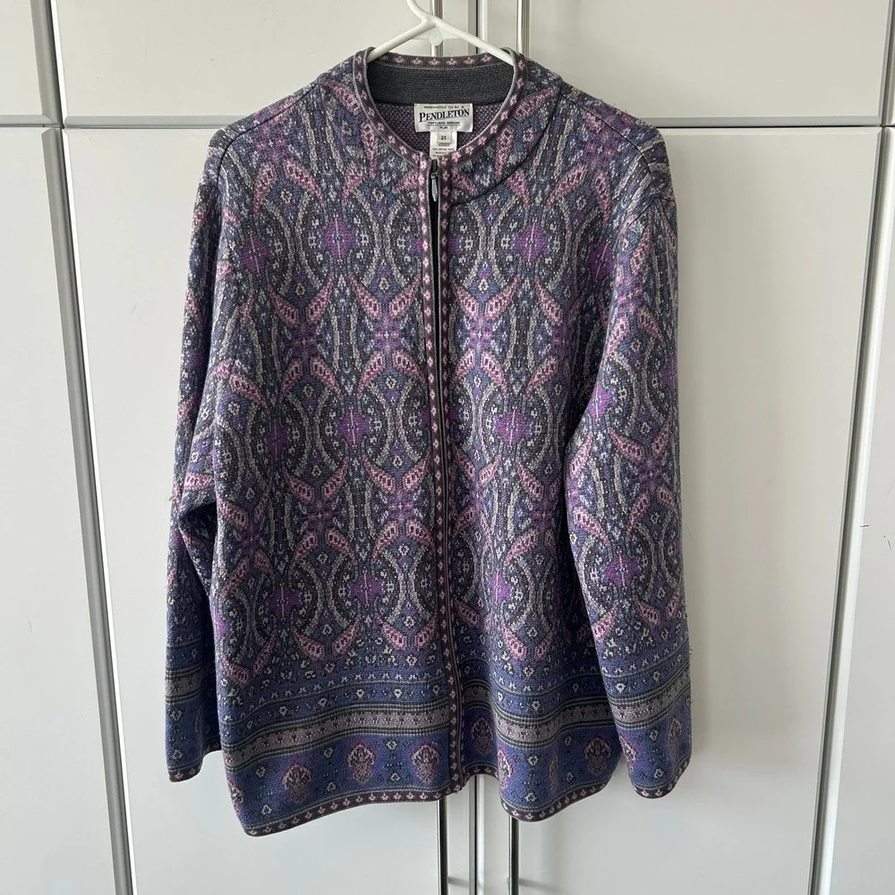 Pendleton Plus 2X Merino Wool Full Zip Cardigan Sweater Paisley Purple Blue